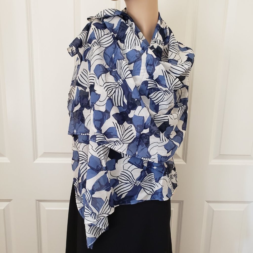 Alannah Hill Silk Blend Printed Bow Scarf 25 3/8" x 66" Blue White